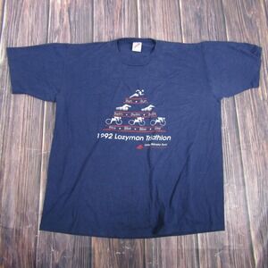Vintage Jerzees Shirt Mens XL Blue 1992 Lazyman Triathlon Graphic Sports Tee 90s